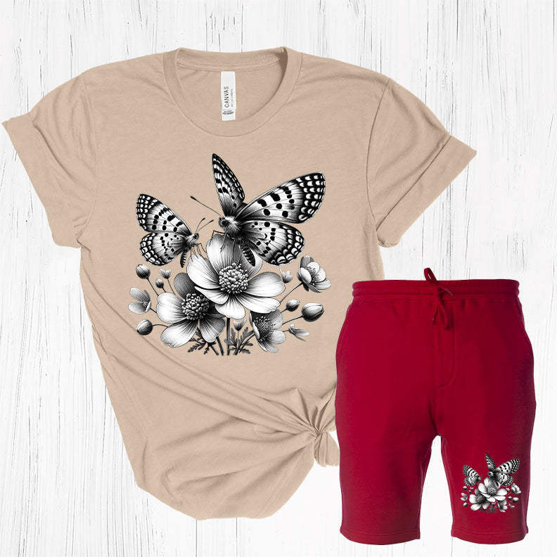 Black and White Butterfly Floral - Graphic Tee and Shorts