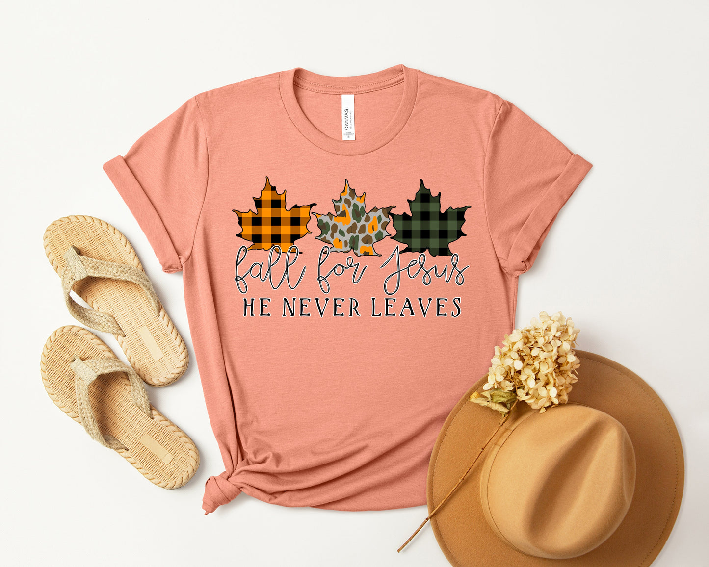 Fall for Jesus He Never Leaves - Graphic Tee